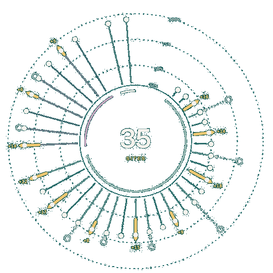 Illustrative radial view of 35 websites. Each spoke is a website; its dot marks the position on rings at 33%, 50%, 75% and 100%. Gold arrows mark the 11 websites that moved up since last month, with the gain beside each, and open circles mark the 9 that moved down.