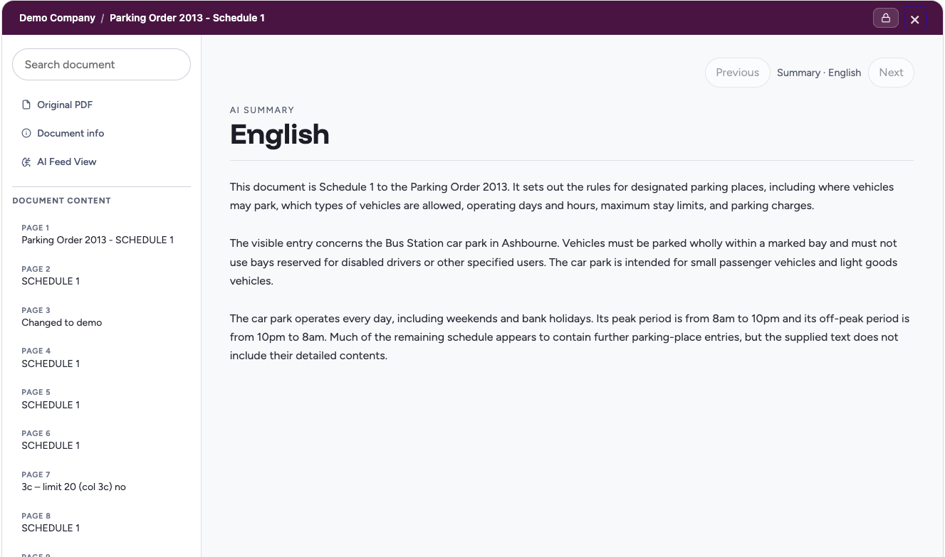 The AI Summary view of the same document in English: 3 short paragraphs stating what the schedule covers, the parking place it concerns, and its operating days and hours.