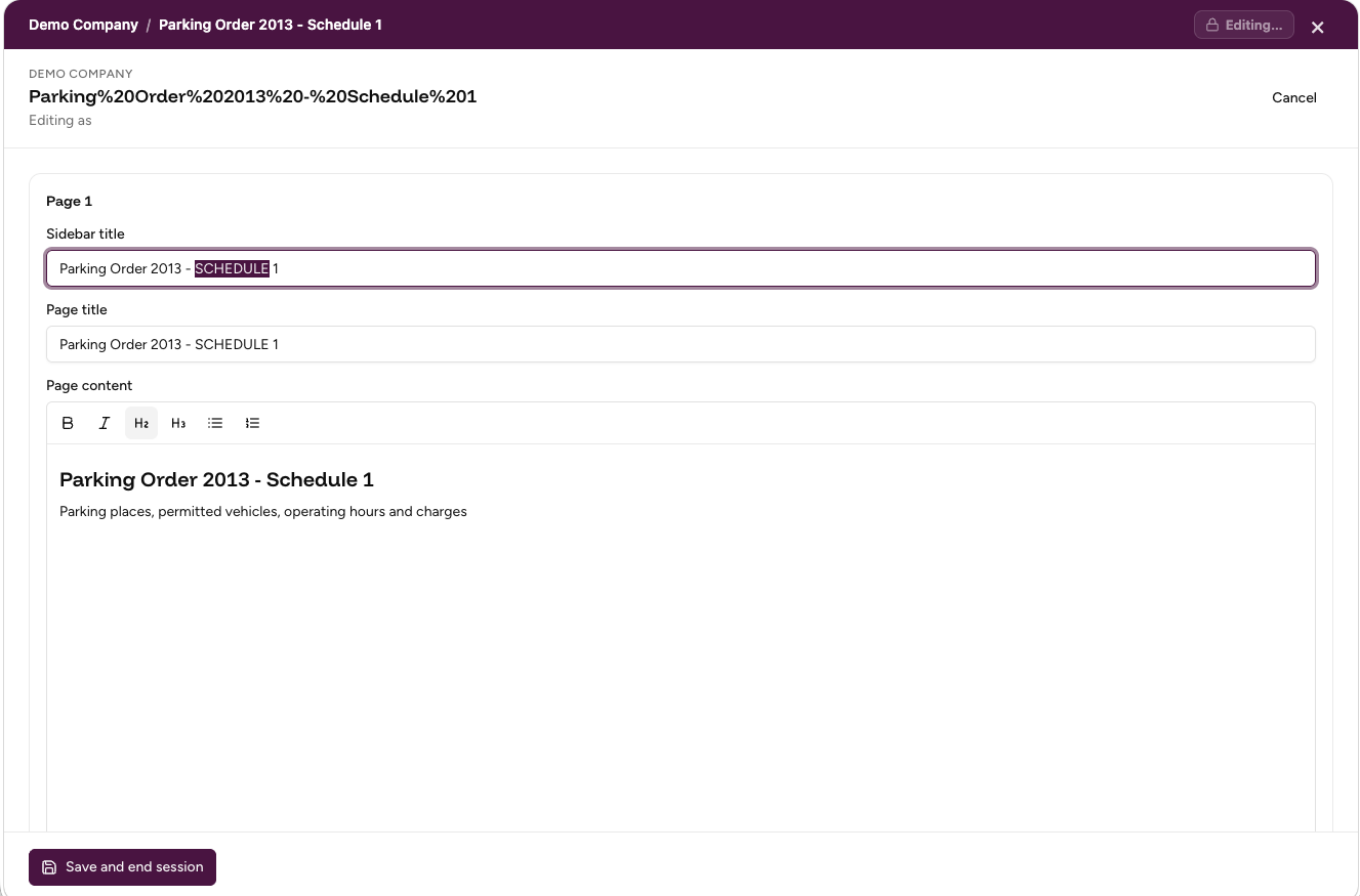 The editing view of page 1 of the converted document: sidebar title, page title and page content fields, and a Save and end session button.