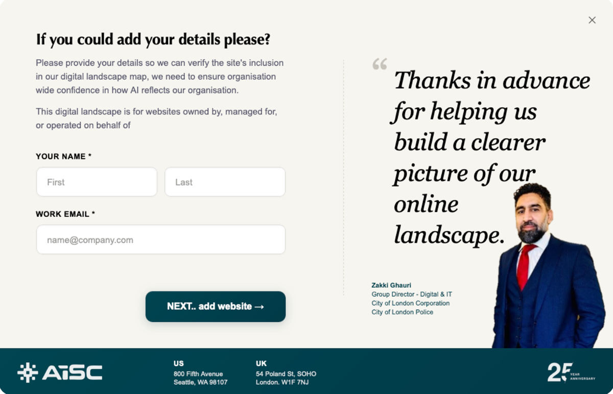 Step one of the add-sites form: if you could add your details please, with fields for your name and work email
