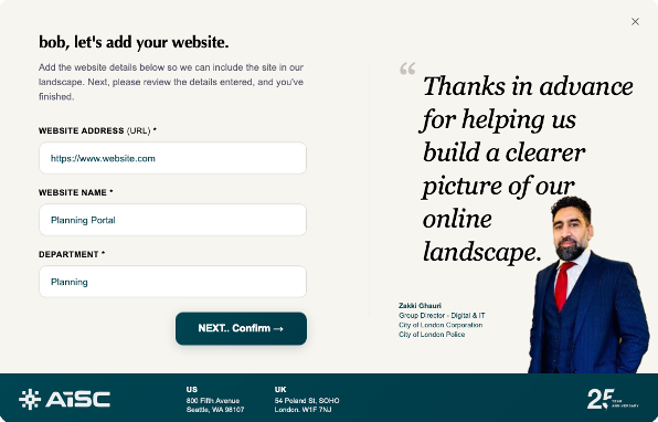 Step two of the add-sites form: let's add your website, with fields for the website address, its name, and the department