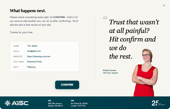 Step three of the add-sites form: what happens next, a summary of the details entered with a confirm button
