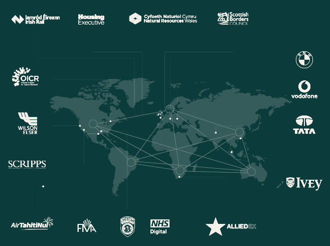 World map showing the AAAnow global network across five continents, surrounded by client logos